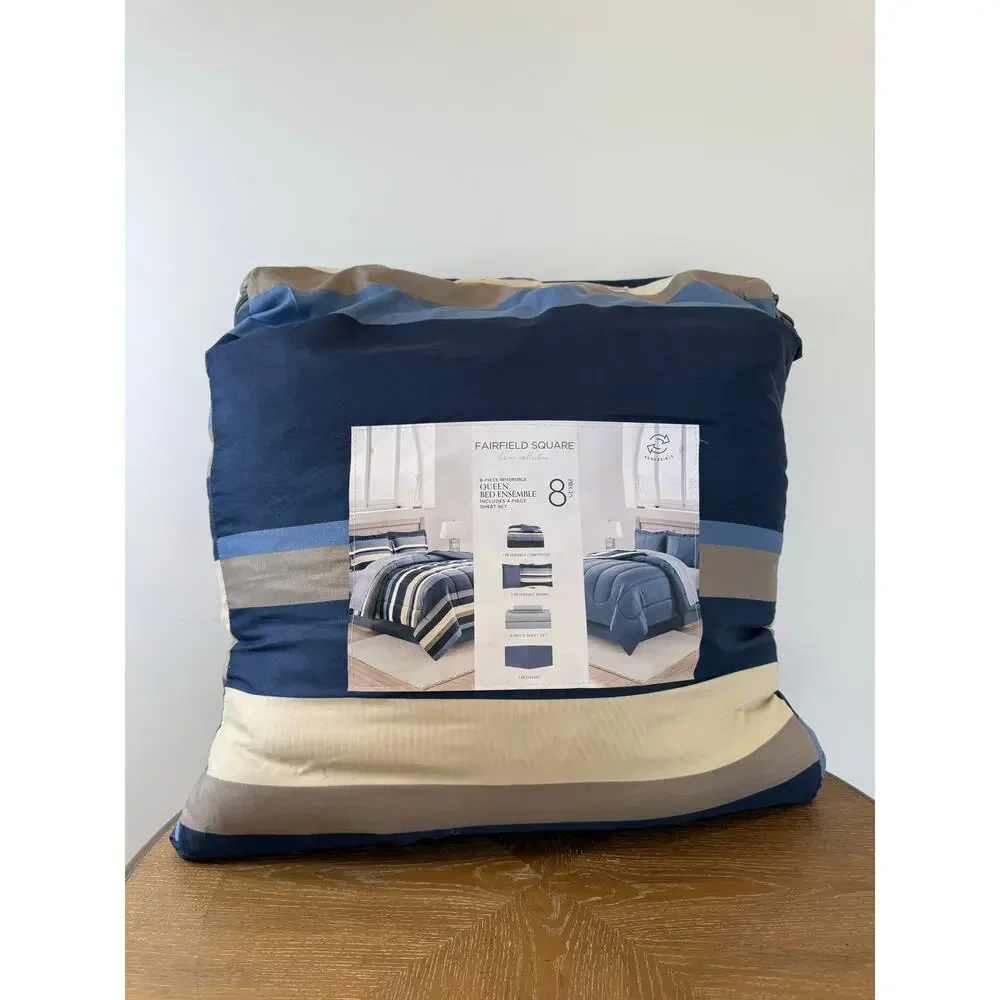 Fairfield Square Queen 8pc Reversible Bed in a Bag Comforter Sheet Set Navy Blue